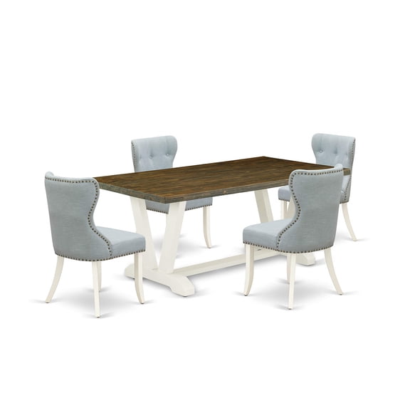 Ergode V077SI215-5, 5-Piece Dining Table Set, Rectangular Table with Wooden Legs, 4 Parson Chairs, Linen Fabric Upholstery, Easy to Assemble, 40x72 Inch