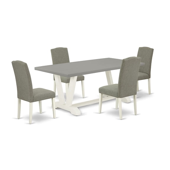 Ergode V097EN206-5, 5-Piece Kitchen Table Set, Off-White Finish, Dark Shitake Linen Fabric, High-Quality Asian Wood, Easy Assembly, 40x72 Inch