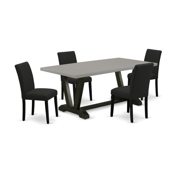 Ergode V697AB624-5, 5-Piece Kitchen Table Set, Rectangular Dining Table with V-Legs, 4 Black Linen Fabric Chairs, Durable Solid Wood, Cement Top, Easy Assembly, Versatile Style