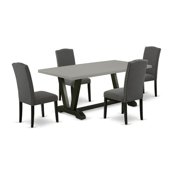 Ergode V697EN120-5, 5-Piece Dining Room Table Set, Cement Top, Black Legs, Dark Shitake Linen Fabric, 300 lbs Capacity, Ideal for Living Room or Kitchen, 40x72 Inch
