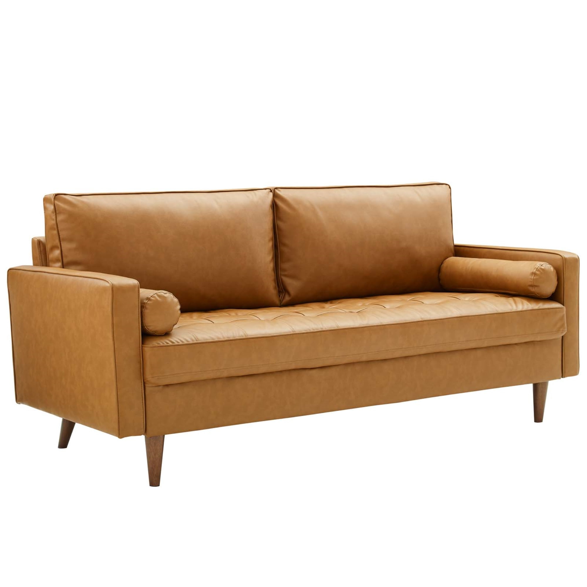Mid-Century 73'' Tufted Brown Leather Sofa with Walnut Wood Legs