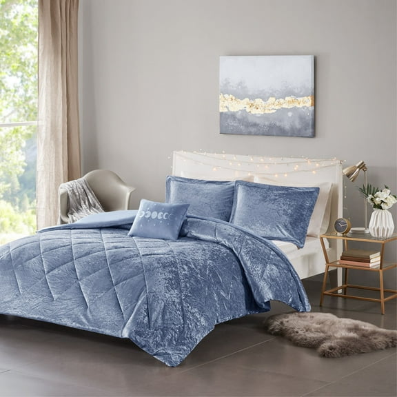 Ergode Velvet Comforter Set - Luxurious Periwinkle Blue Crushed Velvet with Quilted Diamond Top - Hypoallergenic Polyester Fill - Machine Washable - Includes Coordinating Shams and Decorative Pillow