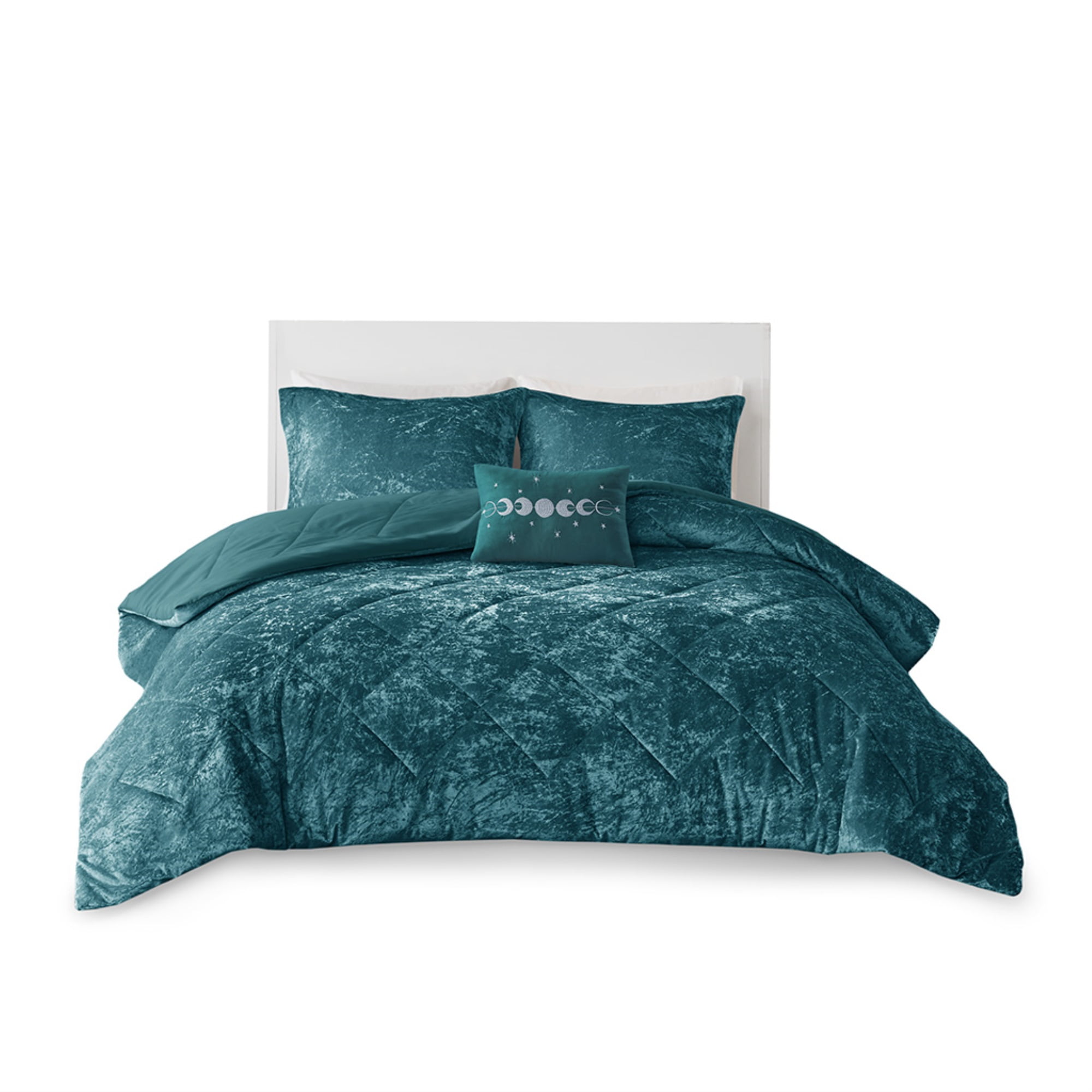 Teal Crushed Velvet Quilted King/Cal King Duvet Set with Decorative Pillow
