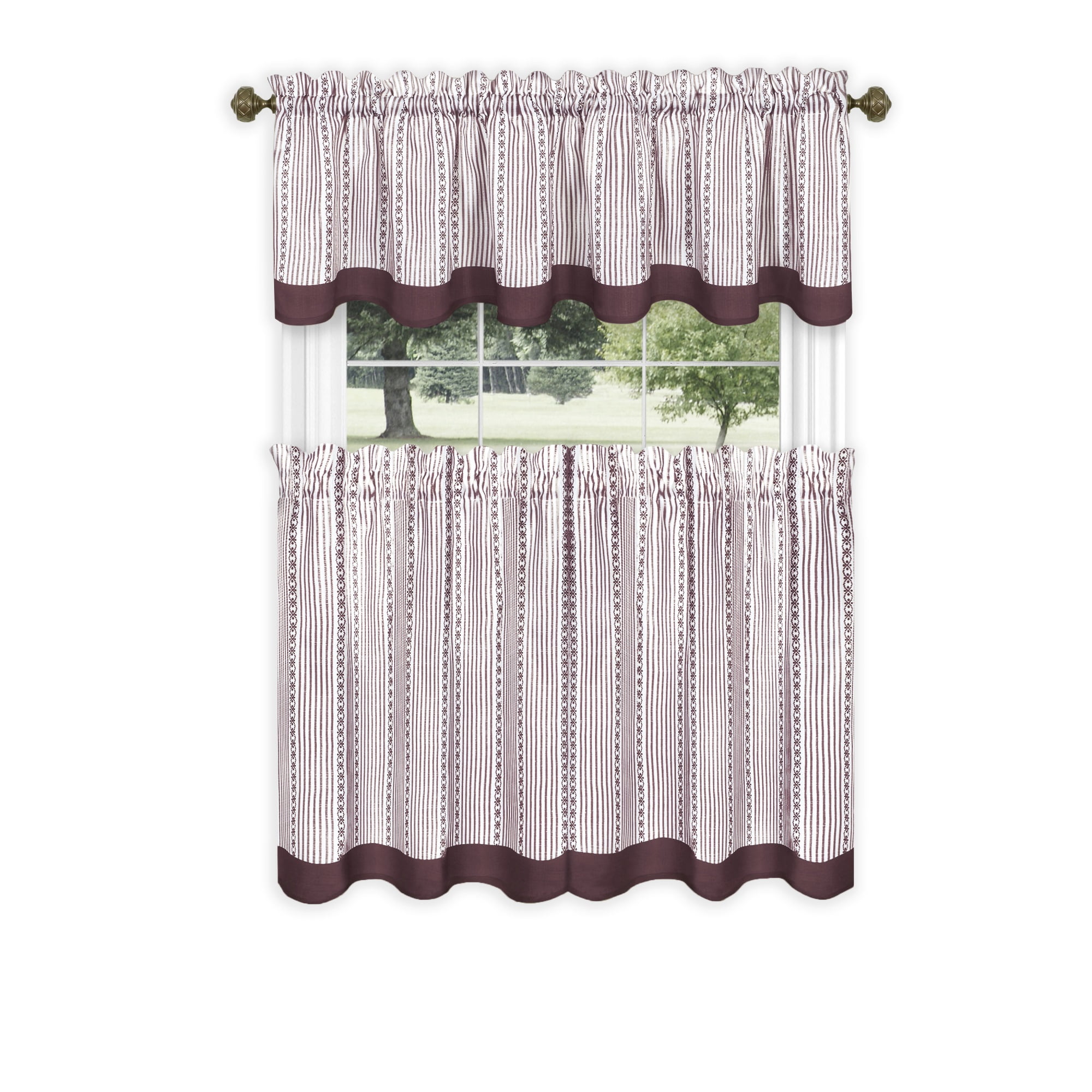 Burgundy Scalloped Edge Polyester Tier Curtains and Valance Set