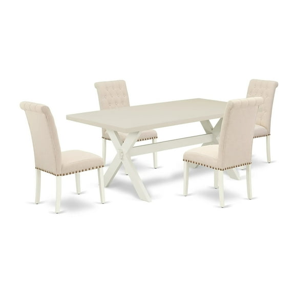 Ergode X027BR202-5, 5-Piece Rectangular Dining Set, Linen White Table, Light Beige Upholstered Chairs, Asian Wood, 40x72 Inch