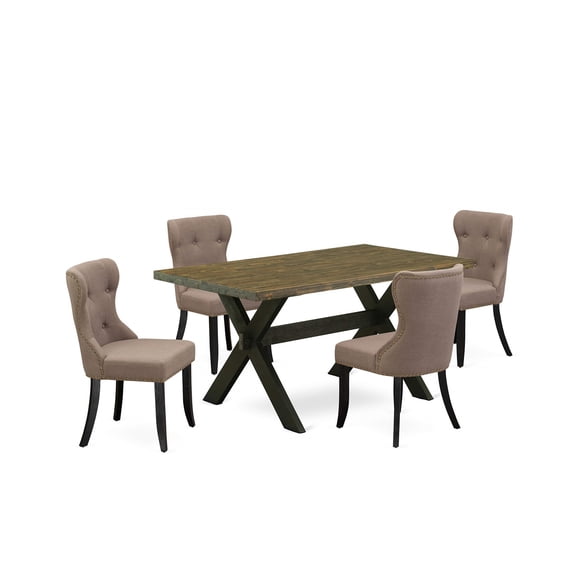 Ergode X676SI648-5, 5-Piece Dining Table Set, Distressed Jacobean Tabletop, Wire Brushed Black Cross Legs, Coffee Linen Fabric Chairs, Asian Wood Frame, 36x60 Inch Table, 4 Upholstered Chairs