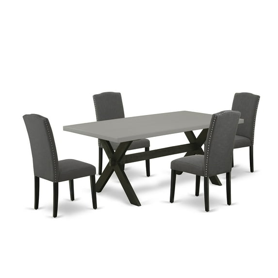Ergode V077AB015-5, 5-Piece Dining Room Set, Rectangular Table with Distressed Jacobean Top, 4 Mid-Century Chairs in Baby Blue, Cement Finish