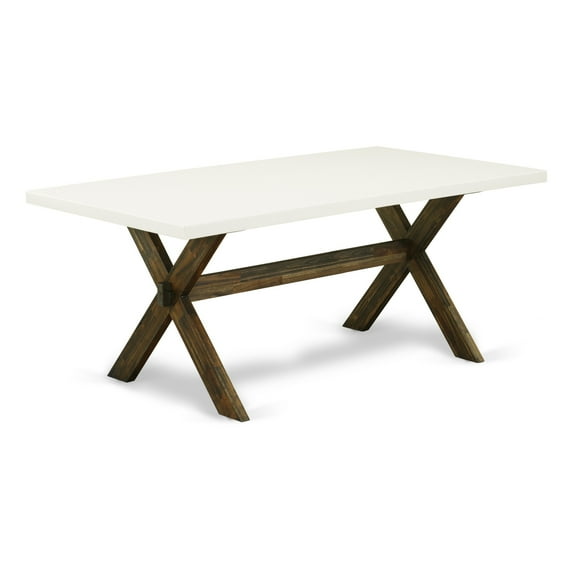 Ergode X727SI737-7 7-Piece Kitchen Dining Set - Mid Century Chairs, Rectangular Table, Linen Fabric Seat, Wooden Cross Legs - Linen White & Distressed Jacobean Finish