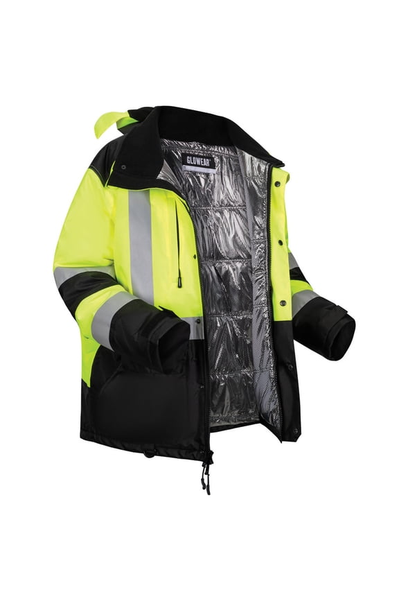 GloWear AmpliFIRE Winter Jacket, 25722, Class 3, Type R, Reflective Tape, Hip Length, Small, Lime