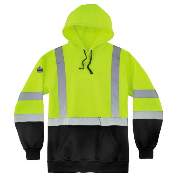 Ergodyne GloWear® 8373 Class 3 Pullover Hi-Vis Hooded Sweatshirt - Black Front, Lime, 4XL