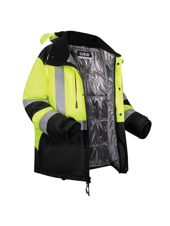 GloWear AmpliFIRE Winter Jacket, 25726, Class 3, Type R, Reflective Tape, Hip Length, 2X-Large, Lime