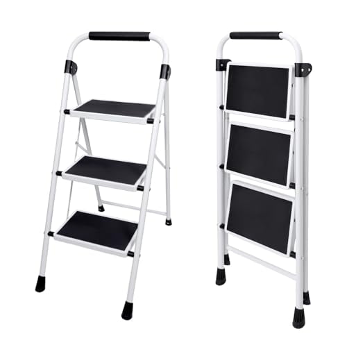 Ergonomic 3 Step Folding Ladder for Adults, Cushioned Handle Anti-Slip Pedal Safety Step Stool, Sturdy Black Portable Ladder for Indoor Outdoor Home Kitchen Garage