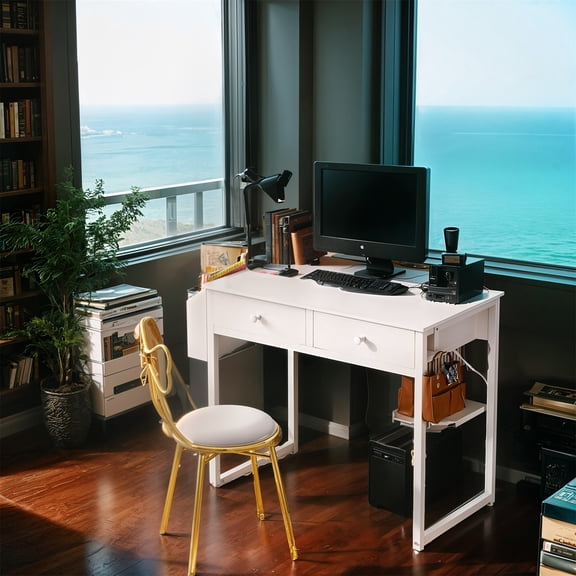 Ergonomic 32-Inch White Wooden Computer Desk with Storage Bag and Headphone Hook, Modern Home Office Design, Suitable for Laboratory Use