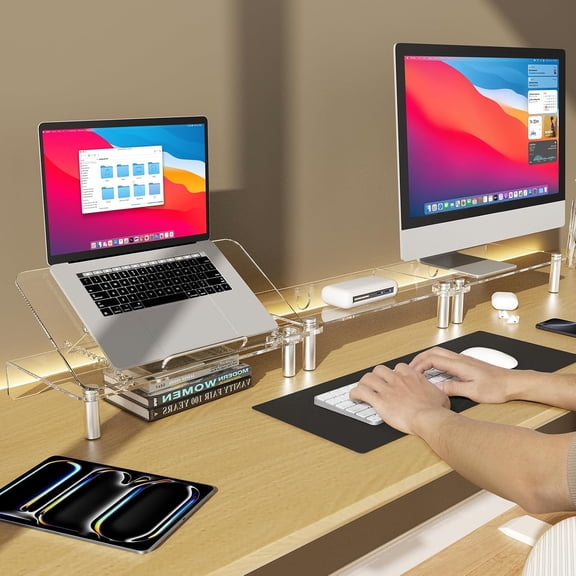 Ergonomic Acrylic Dual Monitor Stand with Adjustable Laptop Riser for Desktop TV Printer