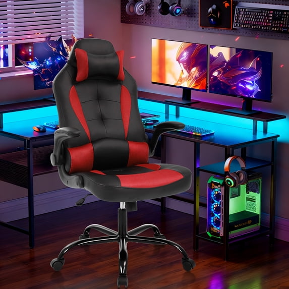 Ergonomic& Adjustable Gaming Chair Leather Reclining Computer Chair with Flip Up Arms Headrest Rolling Swivel Chair for Home Office, Red