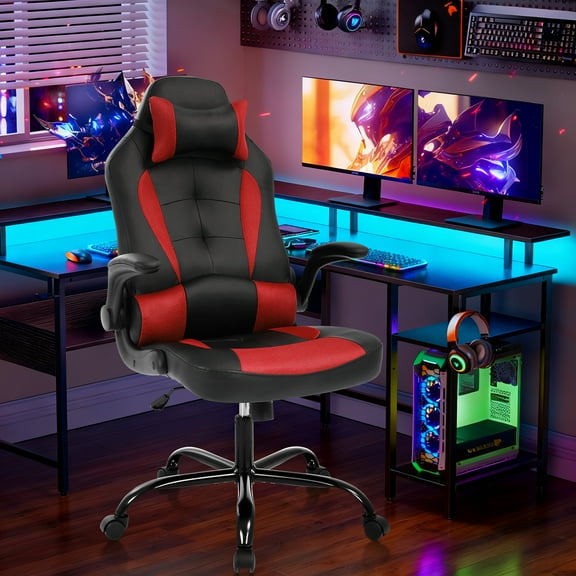 Ergonomic& Adjustable Gaming Chair Leather Reclining Computer Chair with Flip Up Arms Headrest Rolling Swivel Chair for Home Office, Red