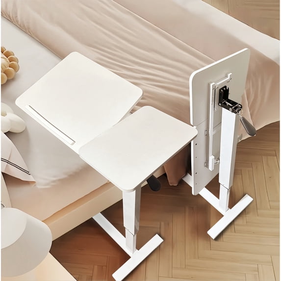 Ergonomic Adjustable Overbed Bedside Desk with Height Adjustment, Smooth Rolling Wheels Portable Bedside Table for Working, Reading, and Dining (White)