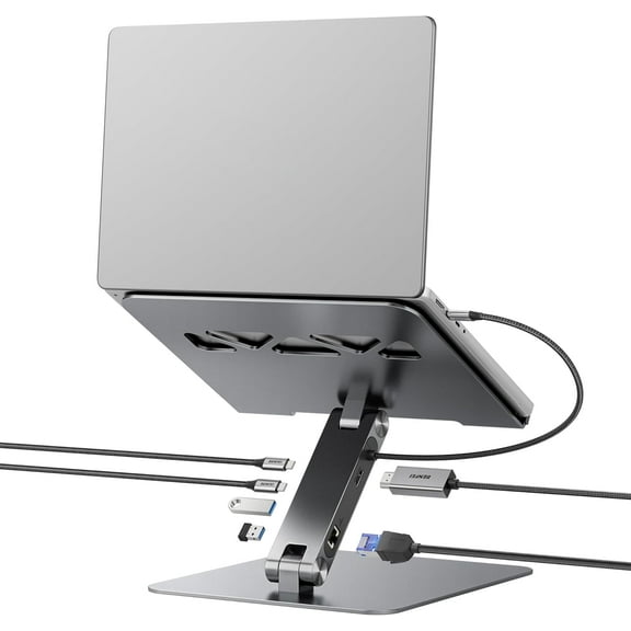 Ergonomic Aluminum Laptop Stand with Integrated Multi-Port USB Hub and RJ45 Ethernet Adapter  Foldable Adjustable Computer Riser with Efficient Heat Dissipation for MacBook, PC, and All Laptops