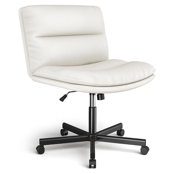 Ergonomic Armless Criss Cross Chair with Height Adjustable and Swivel, Wide & Thickened Cushion Cross Legged Vanity Chair, Comfortable PU Leather Desk Chair for Computer Task and Make Up, White