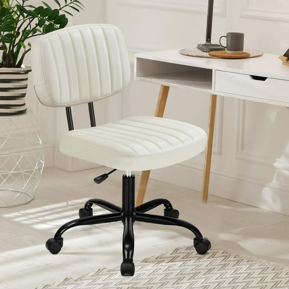 Ergonomic Armless Desk Chair for Small Spaces, Low Back Lumbar Support PU Leather Computer Task Chair with 360 Swivel Wheels, Height Adjustable, Beige White