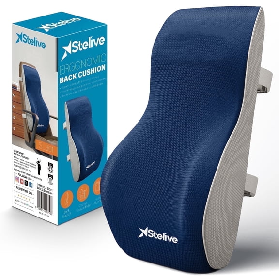 Stelive Ergonomic Back Cushion Lumbar Support Cushion Memory Foam Back Support Orthopedic Backrest Support Pillow with Breathable Cover & Adjustable Straps