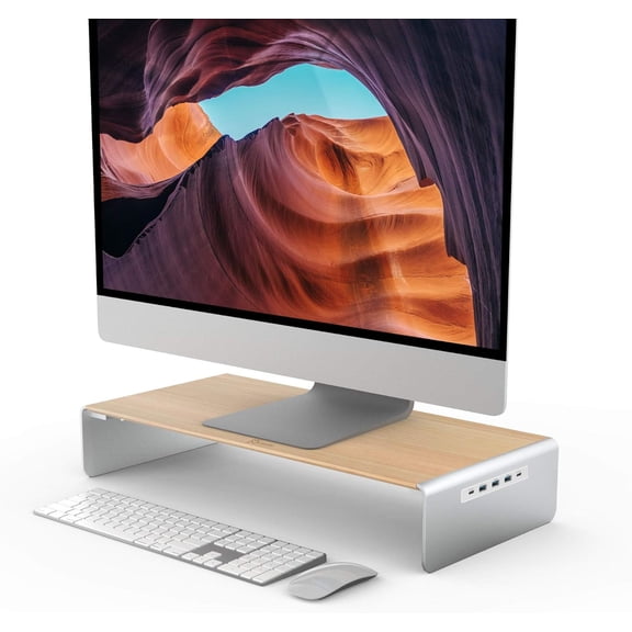 Ergonomic Bamboo and Aluminum Monitor Stand with Integrated USB Hub  Desktop Organizer Riser with Charging Ports for Computer Screen, Laptop, and Office Supplies