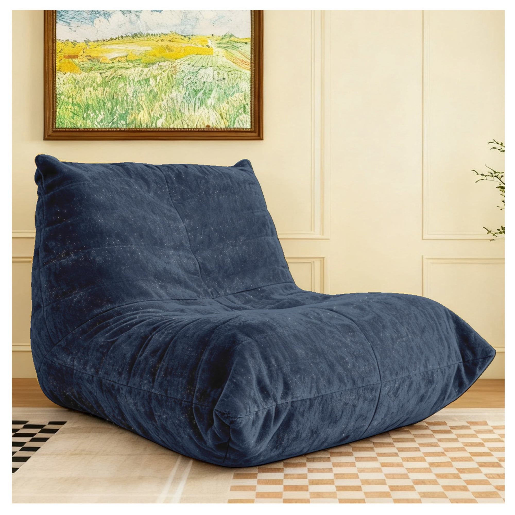 Ergonomic Bean Bag Chair with 5-Way Body Support, Oversized Floor Lounger with Shiny Chenille Fabric, Cozy Sofa for Living Room, Reading Nook, Dark Blue