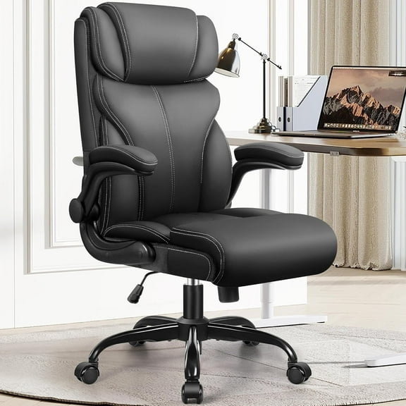 Ergonomic Big and Tall Computer Desk Chairs, Executive Breathable Leather Chair with Adjustable Flip-up Armrests, Lumbar Support Swivel PC Chair with Rocking Function