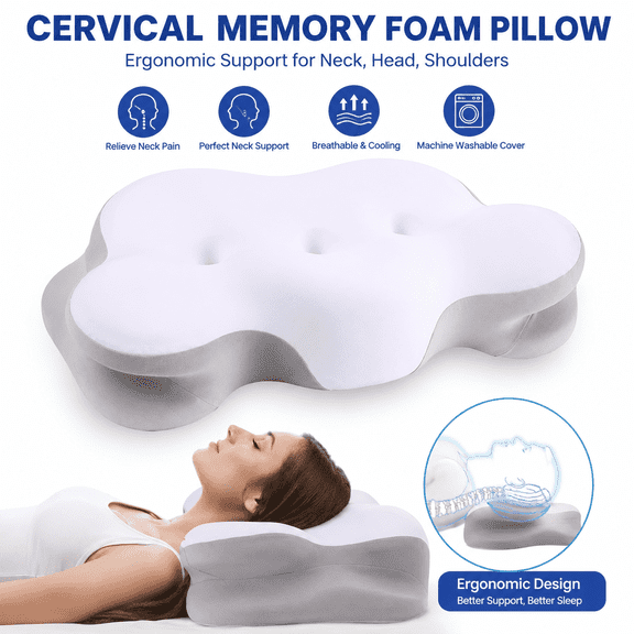 Ergonomic Cervical Memory Foam Pillow Breathable Cooling Neck Support Pillow for Back, Side & Stomach Sleepers Machine Washable Cover & Slow Rebound Foam