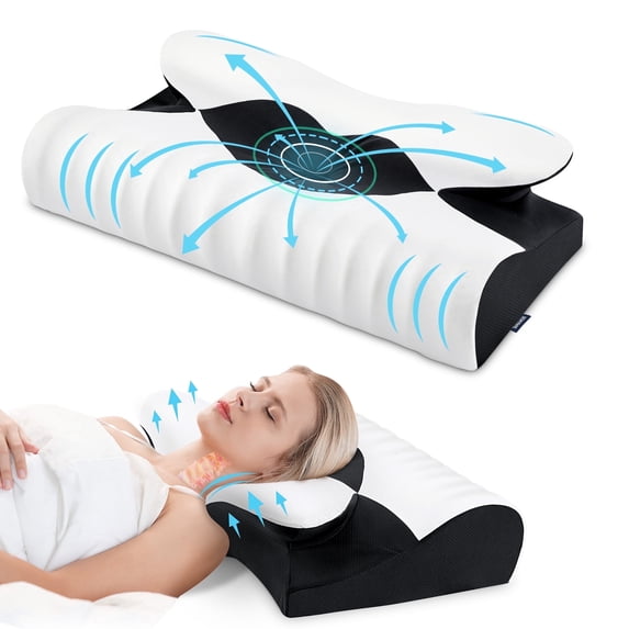 Ergonomic Cervical Memory Foam Pillow for Neck Pain Relief, Orthopedic Contour Pillow with Breathable Cover, for Side, Back, and Stomach Sleepers, Queen Size 23.6"x14.2"x4.7", Black