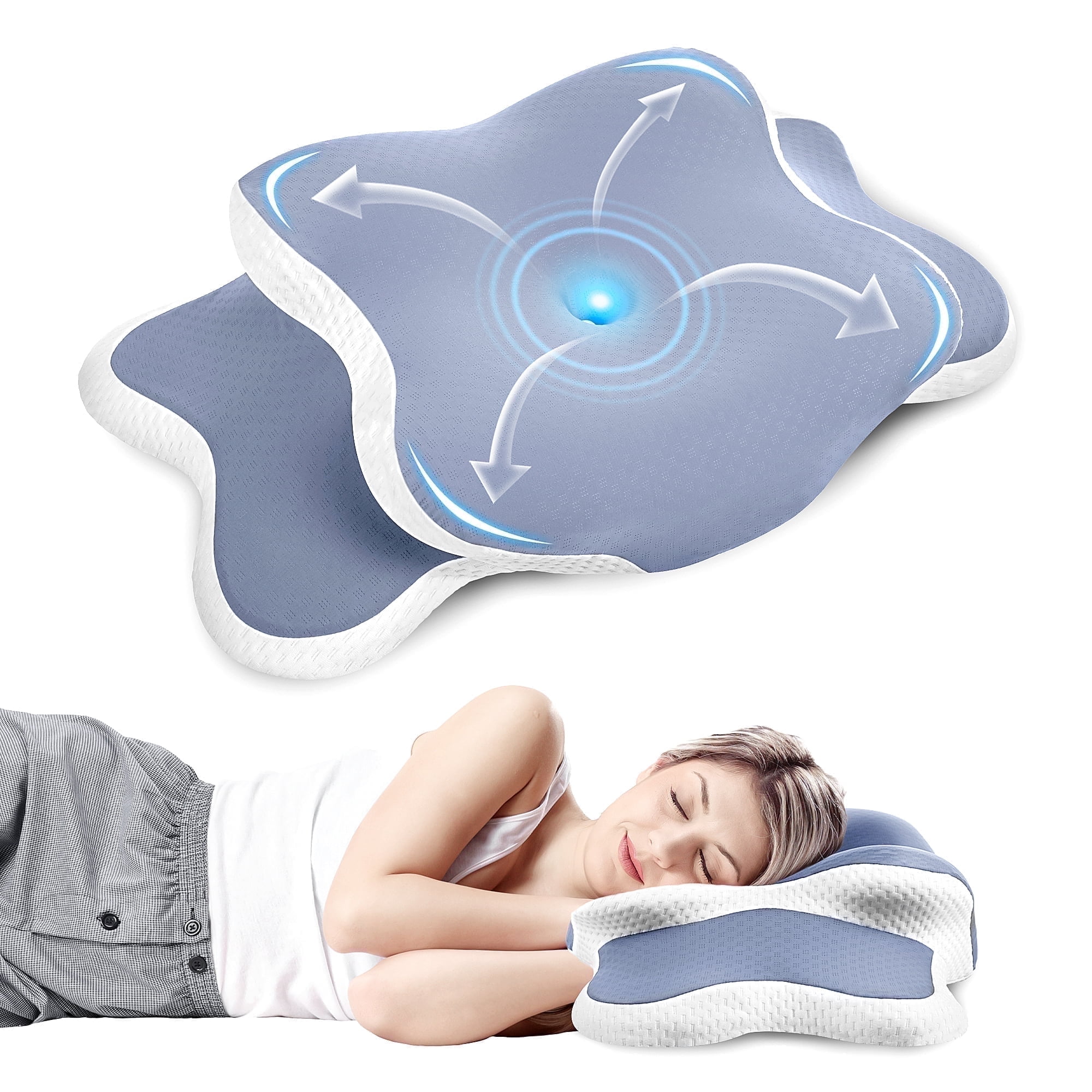 SweetLux NEW YORK Cervical Memory Foam Neck Pillow for Neck and Shoulder Pain Relief, (Blue/White)