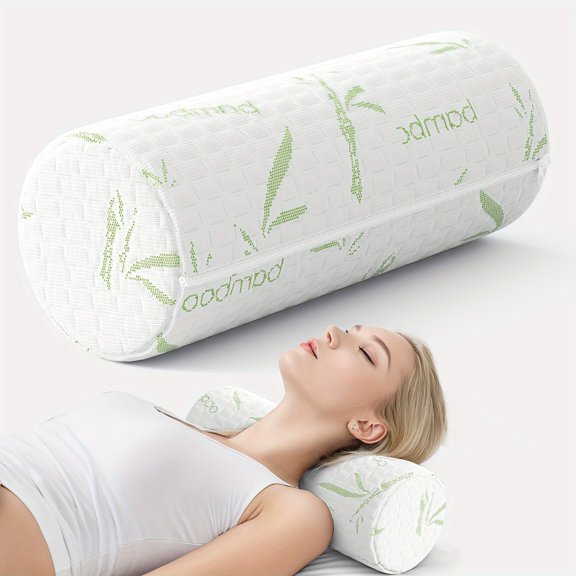 Ergonomic Cervical Neck Roll Pillow - Bamboo Cover, Removable Washable Sleeve for Spine Alignment & Neck Pain Relief, Bolster for Head Back Leg Support, Travel & Home (White)