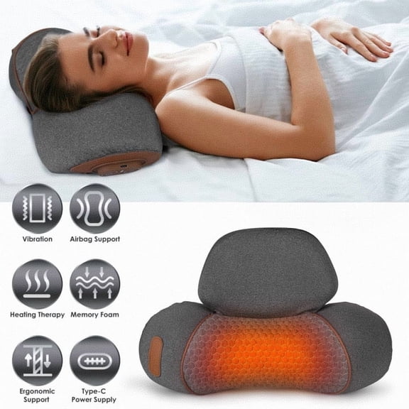 Ergonomic Cervical Traction Pillow with 3-in-1 Vibration, Heat & Airbag - Fast Pain Relief for Desk WorkersBlack