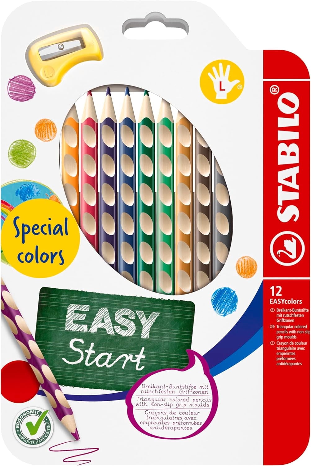 Ergonomic Coloring Pencil - STABILO EASYcolors - Left-Handed - Pack of 12 with Sharpener - Special Colors