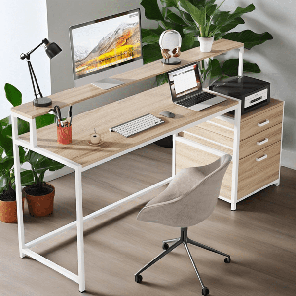 Ergonomic Computer Desk with File Cabinet - 62.99"L Monitor Stand, 45W×19.68D Desktop, 2 Drawers, 2-Year Warranty - for Home Office & Gaming
