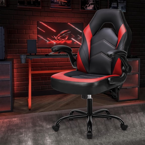 Ergonomic Computer Gaming Chair with Flip-up Armrest, Height Adjustable PU Leather Home Office Desk Chair with Lumbar Support Swivel Wheels and for Adults and Kids, Scarlet Red