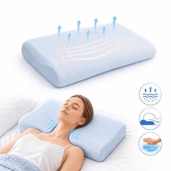 AMORIDAGE Cooling Gel Memory Foam Pillow, 28 x 17 x 4 Inch 3-Layer Contoured Bed Pillow for Sleeping, Light Blue,1pc