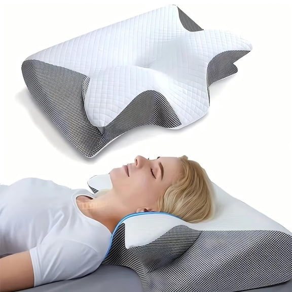 Ergonomic Contour Pillow, Breathable Grid Surface Bed Pillow with Multi-Zone Shape
