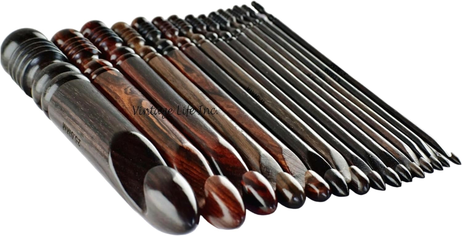 Ergonomic Crochet Hooks Set of 15 Soft Grip Rosewood Hooks 3.5 MM to 25 MM, Wooden Yarn Crochet Hooks for Arthritic Hands Needles for Knitting and Crocheting (Only Hooks)