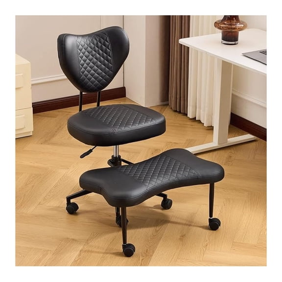 Ergonomic Cross Legged Chair, PU Leather 360 Upholstered Swivel Meditation Chair with Wheels, Comfy Criss Cross Desk Chair for ADHD with Height-Adjustable for Office (Black - PU)