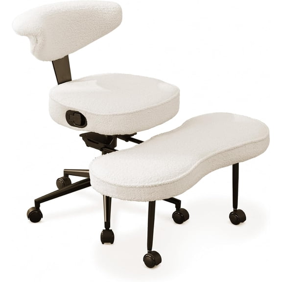 Ergonomic Cross-Legged Office Chair Adjustable Height, Lumbar Support, 360 Swivel, Wide Meditation & Kneeling Seat, Wheels Fuzzy Fleece Beige