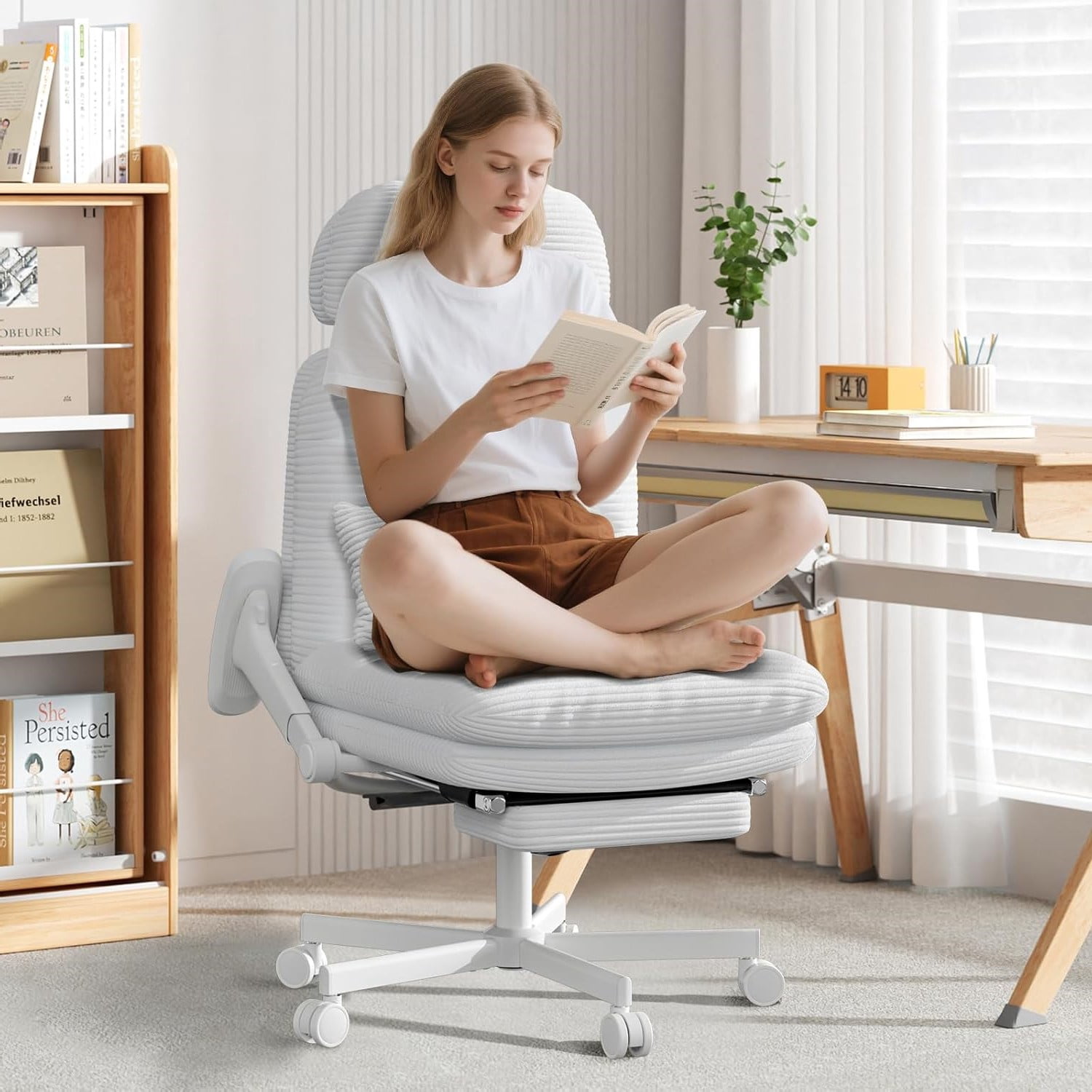 HomeZeer Criss Cross Chair with Flip-up Arms, Executive Criss Cross Legged Office Chair with Footrest, Swivel Corduroy Computer Desk Chair with Lumbar Pillow & Headrest for Home Office, White