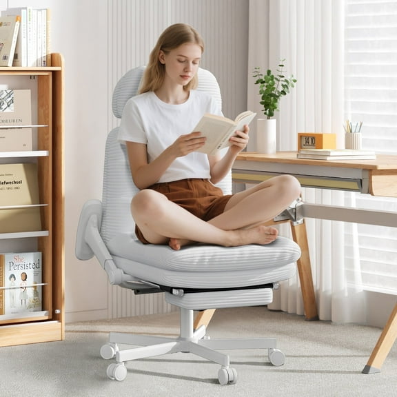 HomeZeer Ergonomic Cross-Legged Office Chair with Footrest & Headrest, Heavy Duty Executive Desk Chair with Flip-up Armrests, Corduroy Fabric Computer Criss Cross Chair for Home Office, White