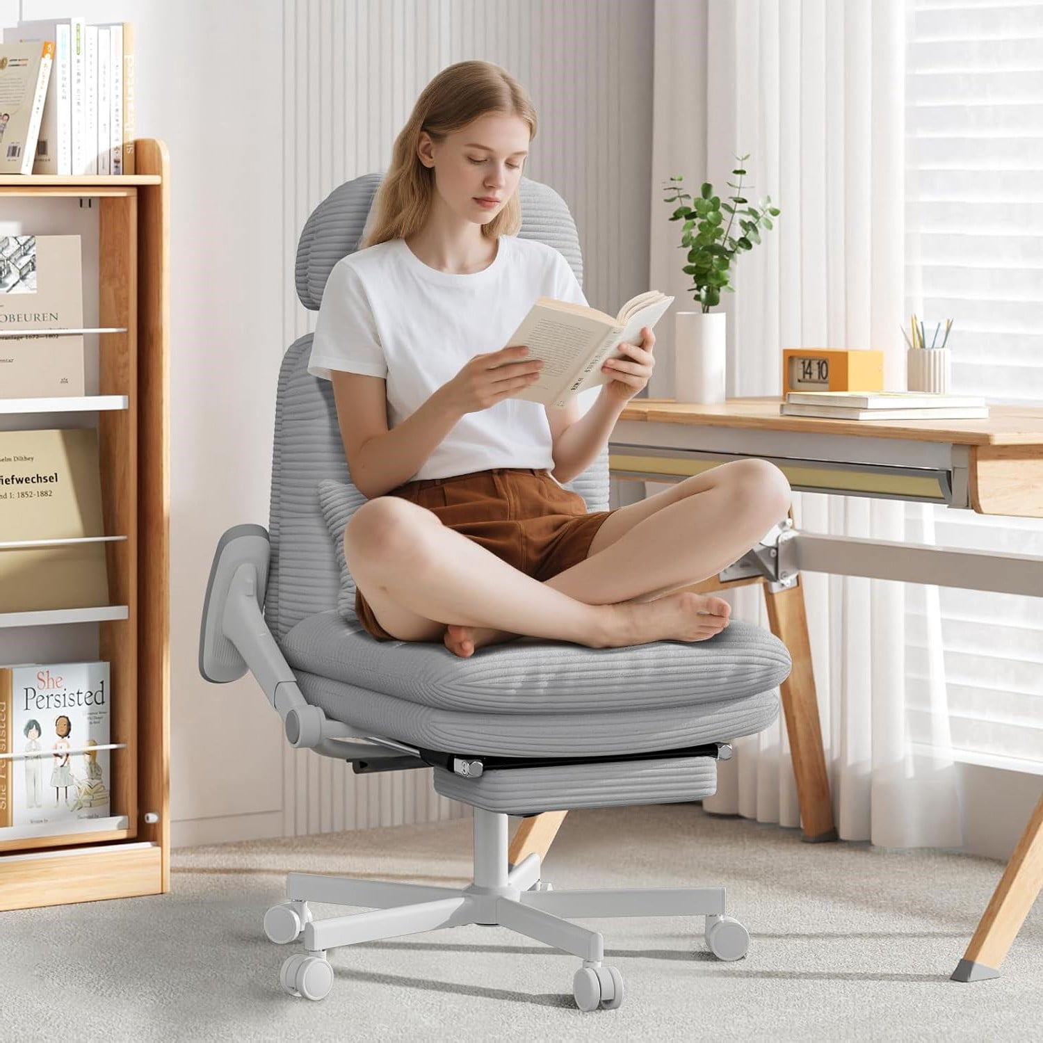 HomeZeer Criss Cross Chair with Flip-up Arms, Executive Criss Cross Legged Office Chair with Footrest, Swivel Corduroy Computer Desk Chair with Lumbar Pillow & Headrest for Home Office, Gray