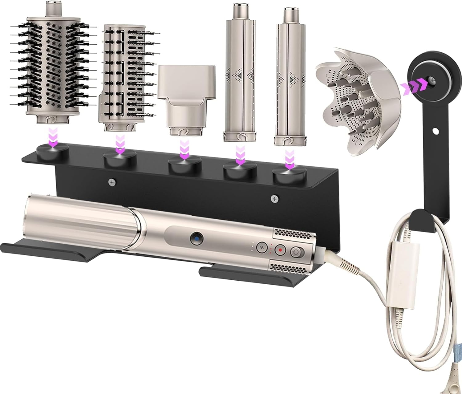 Ergonomic Hair Dryer Holder Compatible with Shark FlexStyle, Curling Wand Organizer Wall Mounted Rack with Cord Hanger for Accessories Curlers Brushes Diffuser and Attachments