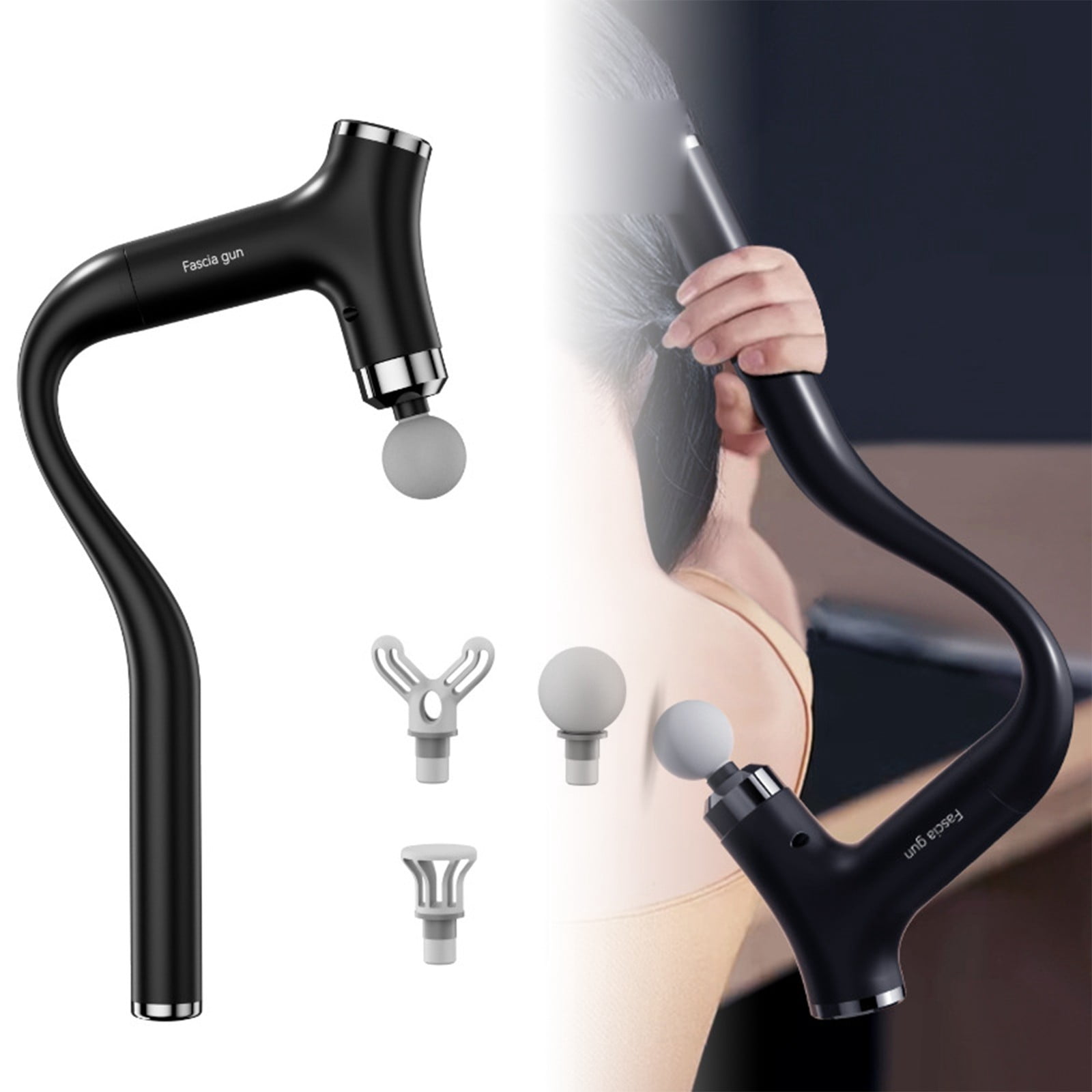 Ergonomic Curved Handle Percussion Massage Gun, Portable Deep Tissue Muscle Massager with Multiple Heads