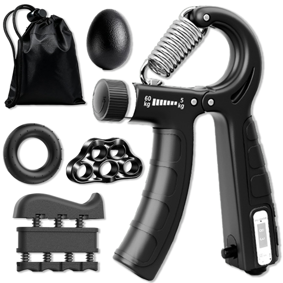 Ergonomic Curved Palm Grip Strength Training Hand Strengtheners with Built-in Counter, 2-Piece Set with 4 Accessories for Forearm & Finger Training