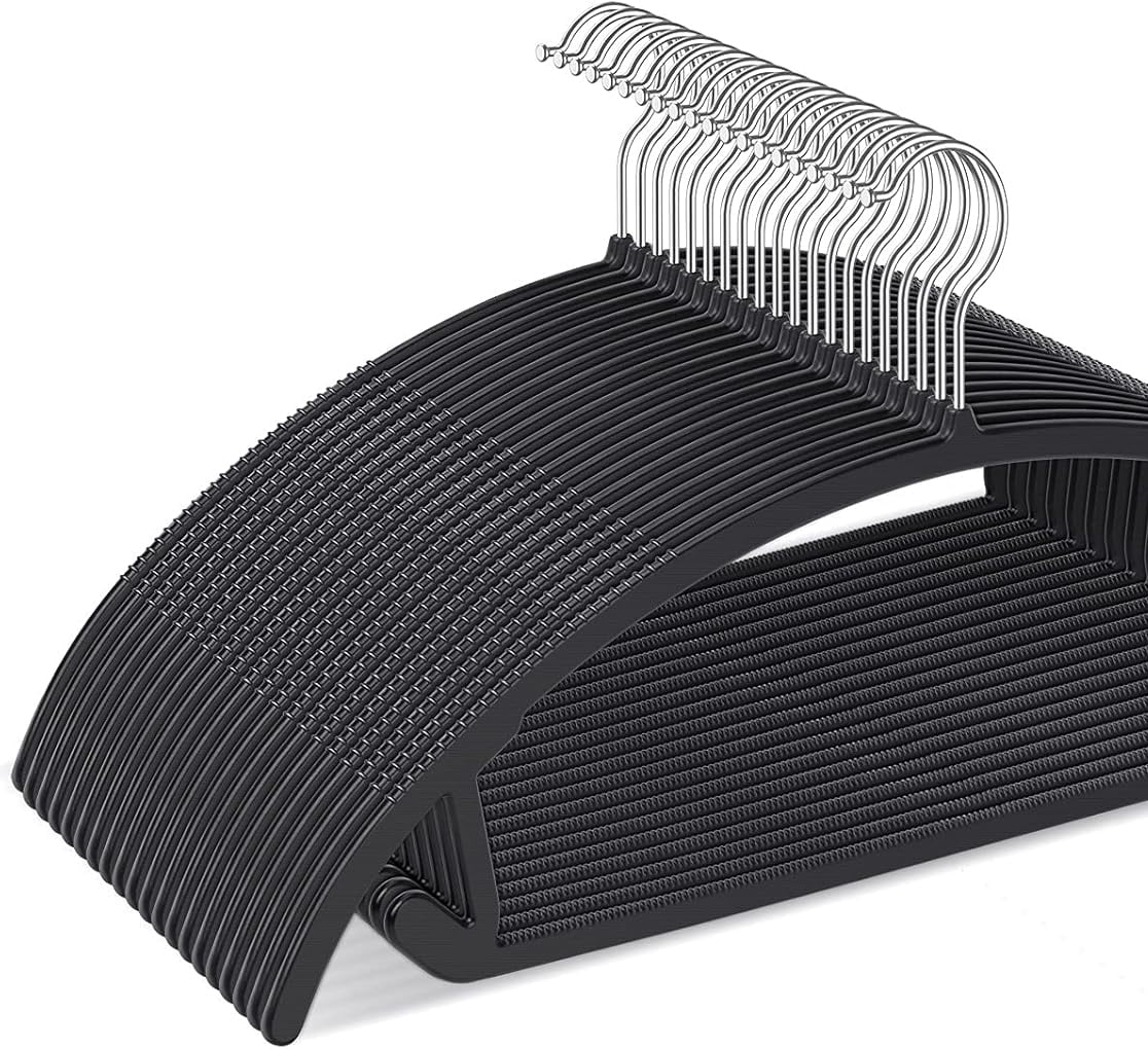 Ergonomic Curved Plastic Hangers 50pack - No Shoulder Bump Design, Non-Slip Grip for Delicate Fabrics, Heavy Duty Clothes Hangers, Holds Up to 11lbs - for Silk, Coats & Winter Wear(Black)