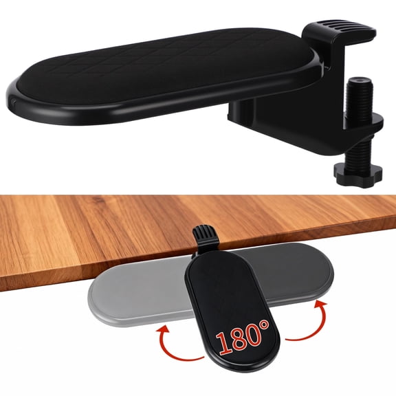 Ergonomic Desk Arm Rest, 180 Rotating Table Elbow Arm Support, Clamp-On Computer Desk Extender Tray, Mouse Armrest Extension with Memory Foam Pad for Office