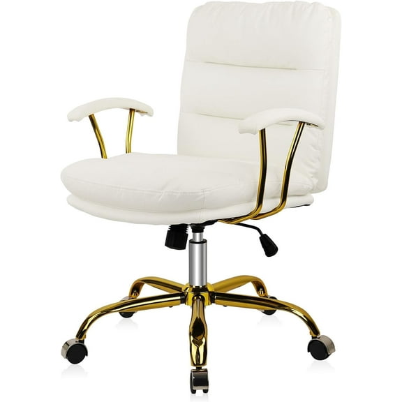 Ergonomic Desk Chair with Wheels and Arms, Swivel Faux Leather Office Chair with Gold Base, Adjustable Height Modern Computer Chair for Office, Home, Bedroom, Vanity, White